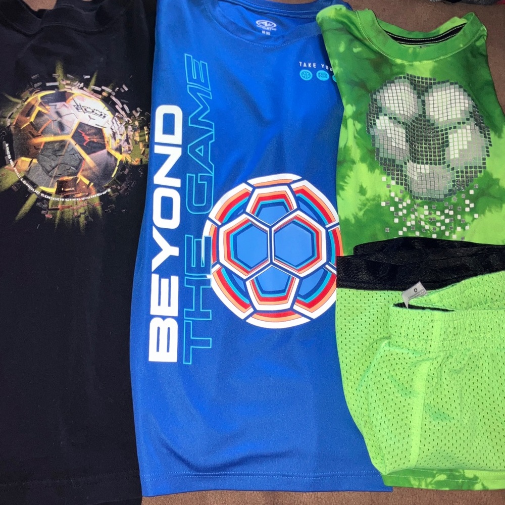 Athletic Works Kids Soccer Tees - Black, Blue, Green and one pair of shorts